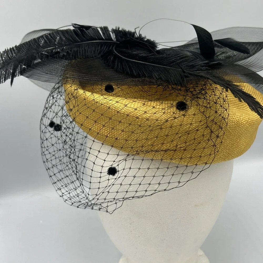 Yellow Black Fascinator Funeral Church Tea Party Hat Feathers Sequin Mesh